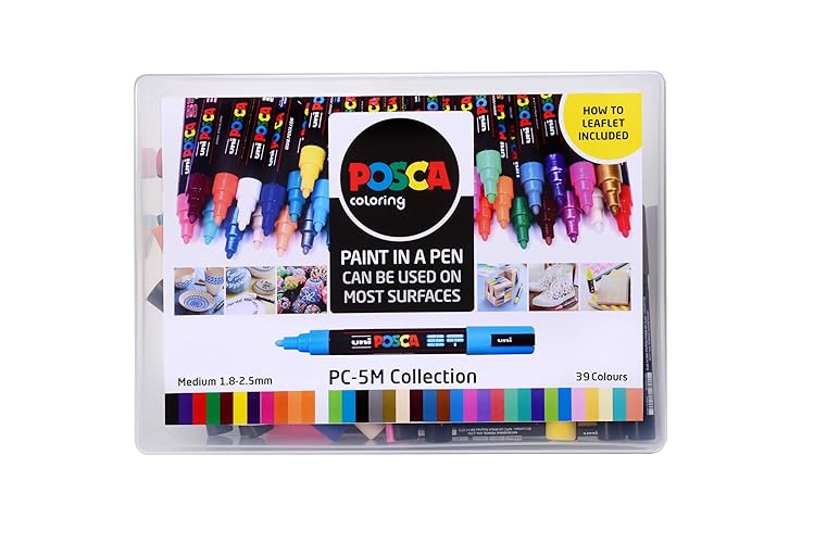 POSCA PC-5M Water Based Permanent Marker Paint Pens. Medium Tip for Art & Crafts. Multi Surface Use On Wood Metal Paper Canvas Cardboard Glass Fabric Ceramic Rock Stone Pebble Porcelain. Set of 39 - Full Colour Set - 1 count (Pack of 39)