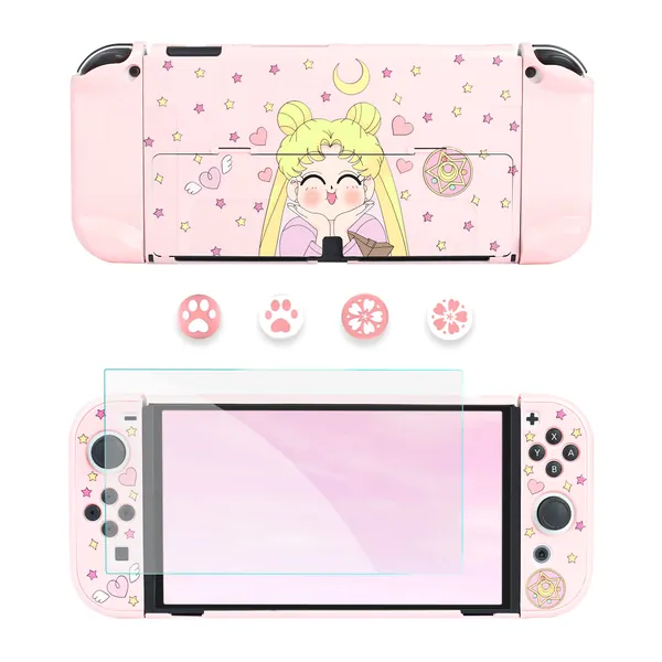 RHOTALL Pink Protective Case for Nintendo Switch OLED with Cute Girl Pattern, Anime Theme Cover Case Compatible with Switch OLED and Joycon Controller with Screen Protector and 4 Thumb Caps