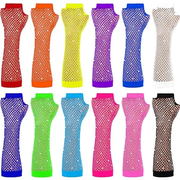TecUnite 12 Pairs Fishnet Gloves Fingerless Neon Gloves for Women men 80s Party Costume Accessories Supplies - Diamond Style