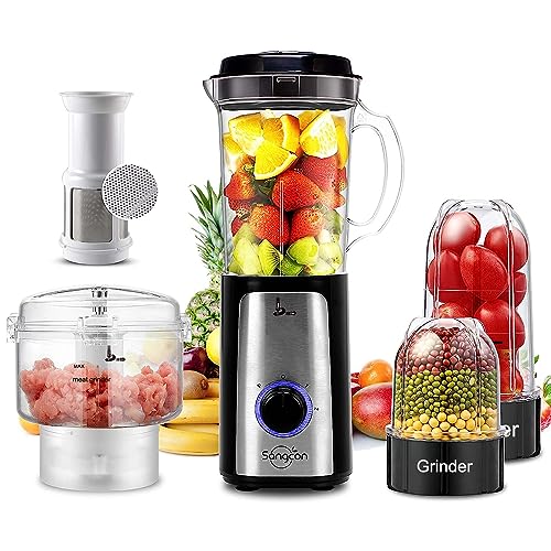 SANGCON 5 in 1 Blender and Food Processor Combo for Kitchen, Small Electric Food Chopper for Meat and Vegetable, 350W High Speed Blenders with 2 Speeds and Pulse for Smoothies and Shakes - 4 Cups & 3 Blades