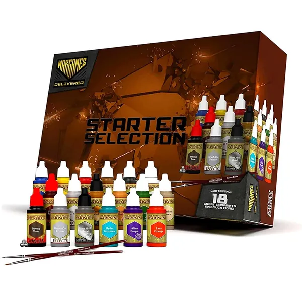 The Army Painter - Wargames Delivered Starter Miniature Paint Sets - Acrylic Model Paints for Plastic Models - Miniature Painting Kit - 18 Acrylic Paints for Models, 2 Hobby Paint Brushes, Miniature Primer, Quickshade Washes, Mixing Balls & Bottles - 