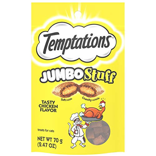 TEMPTATIONS Jumbo Stuff Crunchy and Soft Cat Treats Tasty Chicken Flavor, 2.5 oz. Pouch, Pack of 12 - Chicken - 2.5 Ounce (Pack of 12)