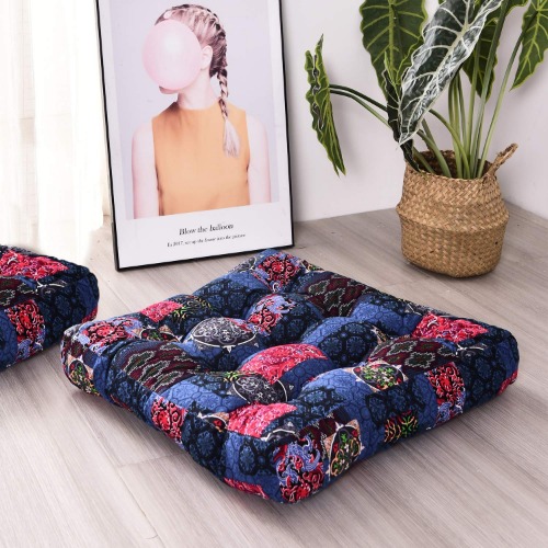 HIGOGOGO Boho Floor Pillow, Square Floor Cushion Cotton Linen Meditation Seat Pillow Bohemmia Style Yoga Cushion Floor Pad for Home Bay Window Party Garden Decoration, 22x22 Inch, Dark Blue - Square(22x22 Inch) Boho Dark Blue