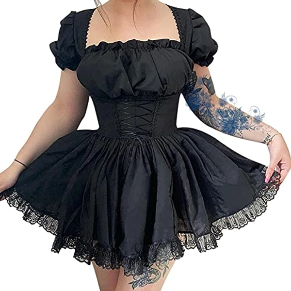 FeMereina Black Gothic Lolita White Lace Dress Long Sleeve Lace-up Goth Off Shouder Midi Dresses for Women Cosplay Party Prom - M - Black