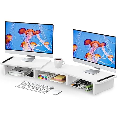 Zimilar Dual Monitor Stand Riser, Monitor Stand with Adjustable Length and Angle, Wood Monitor stand for desk, Monitor Riser for 2 monitors with Storage Space(White Large) - White