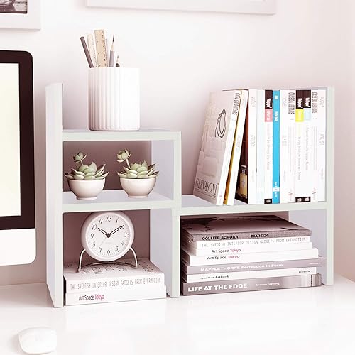 Jerry & Maggie - Desktop Organizer Office Storage Rack Adjustable Wood Display Shelf | Birthday Gifts - Toy - Home Decor | - Free Style Rotation Display - True Natural Stand Shelf (White) - White