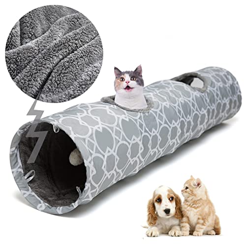 LUCKITTY Geometric Straight Cat Tunnel with Plush Inside,Cats Toys Collapsible Tunnel Tube with Balls, for Rabbits, Kittens, Ferrets,Puppy and Dogs, Diameter 9.8 Inch - L