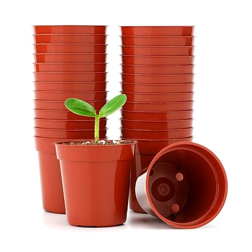 KINGLAKE 50Pcs Mini Plastic Plant Pots 5.4cm, Small Flower Pots Round Seed Nursery Pots for Seeds Seedling Vegetabels Herbs, Terracotta Color - 5.4cm - Terracotta Color