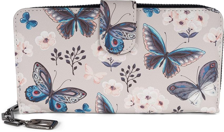 styleBREAKER Ladies Wallet with Colourful Butterfly Pattern, Vintage Design, Zipper, Purse 02040156, Colour:Light Grey-Blue - Light Grey-blue