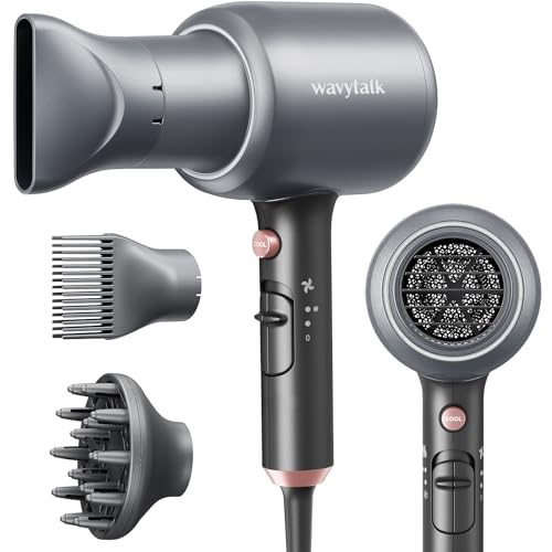 Wavytalk Ionic Hair Blow Dryer with Diffuser for Curly Hair Professional Salon Attachment Diffuser and Concentrator Nozzle for Women Styling Natural - Elegant Metallic Grey (Comb+diffuser+nozzle)