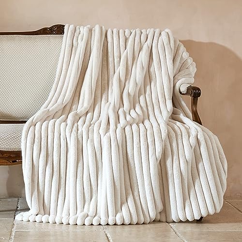Amélie Home Faux Fur Throw Blanket for Couch, Rabbit Fur Warm Luxurious Soft Striped Cozy Fluffy Plush Gift Blankets for Family Sofa Chair Bed Living Room,Ivory,55 x 70 inch - Ivory - 55" x 70"