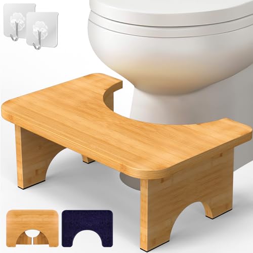 Vatex Bamboo Toilet Stool, 7” Foldable Potty Poop Bathroom Stool with Extra Soft Microfiber Rug and Hooks, Non-Slip Toilet Assistance Step Stool for Adult, Improve Squatting Posture - Healthy Gifts