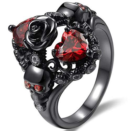 Black Gold Plated Skull Gothic Death Rose Wedding Statement Cocktail Party Biker Ring - Black Red - 10