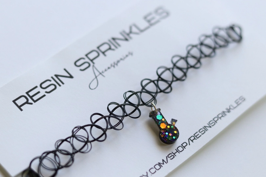 Holographic Stoner Choker, 90s Style Stretchy Tattoo Elastic Necklace w/ Small Handmade Glittery Black 420 Resin Charm