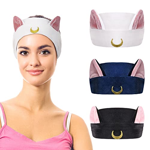 URAQT 3PCS Sailor Moon Spa Headband Cute Cat Moon Cosmetic Hairband Shower Headband