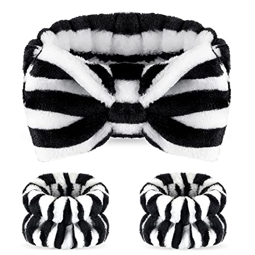 Spa Headband for Face Wash Headband and Matching Wristbands, Makeup Headband for Washing Face, Kids Soft Facial Makeup Head Band, Shower Skin Care Girl Hair Sleepover Party Supplies (Stripe) - Striped