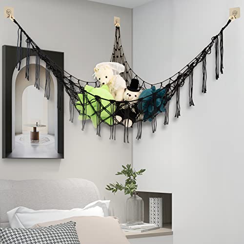 Boho Stuffed Animals Net or Hammock Large,55 inch Toy Hammock Macrame Stuff Animal Storage Corner Hanging Net Holder,Mesh Hammock Plush Toy Organizer with Tassel & Hooks for Bedroom,Nursery (Black) - Black