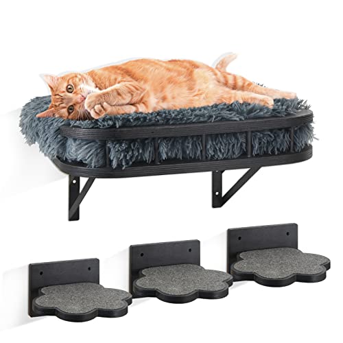 Cat Hammock Cat Wall Furniture with Cooling Mat and Plush Cushion and 3 Wall Steps, Wall Mounted Cat Shelves and Perches, Cat Climbing Shelf Cat Scratching Post for Sleeping, Playing, Gift for Cat - Black,1 Wool Mat Cat Shelf+3 Steps