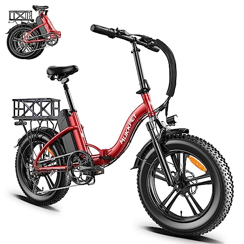 Mukkpet Electric Bike for Adults, Ebike, Foldable 20" x 4.0" Fat Tire Step-Thru Electric Bicycle for Men Women with Peak 750W Motor, 48V 13AH Removable Battery and Dual Shock Absorber - Black Basket + Red bike