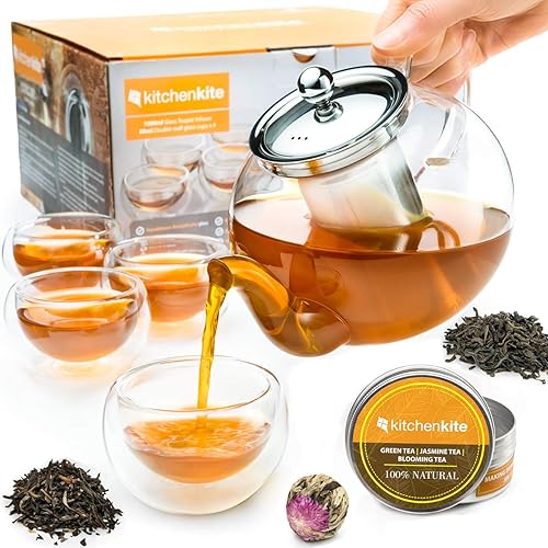 Kitchen Kite Glass Teapot Set with 4 Double Wall Teacups & Removable Stainless Steel Infuser - Microwave Dishwasher Safe Clear Blooming Loose Leaf Teas, Tea Maker Gift