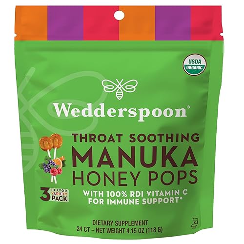 Wedderspoon Organic Manuka Honey Lollipops, Variety Pack, 24 Count (Pack of 1), Genuine Manuka Honey + Vitamin C - Variety Pack Lollipops - 24 Count (Pack of 1)