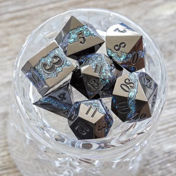 Sage’s Rift Stones – Black/Aquamarine Metal Polyhedral Dice Set | Dungeons Dragons DnD Pathfinder RPG TTRPG
