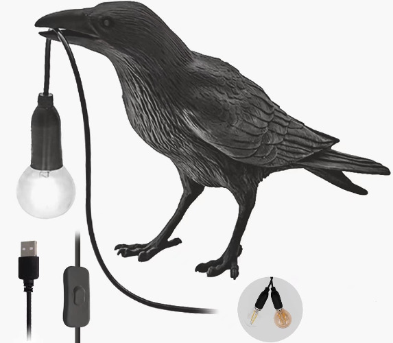 The Gothic Crow Lamp,Cute Black Raven Desk Light with USB Line,Unique Resin Halloween Crow for Table Decor,Goth Decor,Black Decor, Bird Decor, Art Decor,Home Decor,Living Room,Bedroom (2 Bulbs) - 
