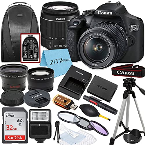 Canon EOS 2000D / Rebel T7 DSLR Camera with EF-S 18-55mm Zoom Lens + SanDisk 32GB Memory Card + Tripod + Case + Wideangle Lenses + ZeeTech Accessory Bundle (20pc Bundle)