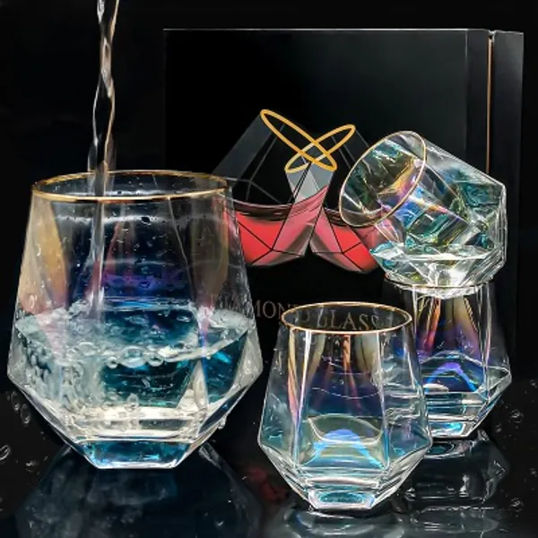 Diamond Whiskey Glasses, Set of 4 Rocks Rainbow Glasses