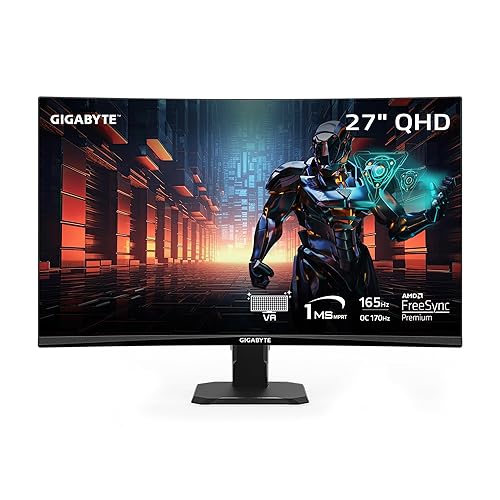 GIGABYTE GS27QC 27" 165Hz 1440P Curved Gaming Monitor, 2560 x 1440 VA 1500R Display, 1ms (MPRT) Response Time, HDR Ready, FreeSync Premium, 1x Display Port 1.4, 2X HDMI 2.0,Black - 27" QHD 165Hz | VA | Curved | Tilt
