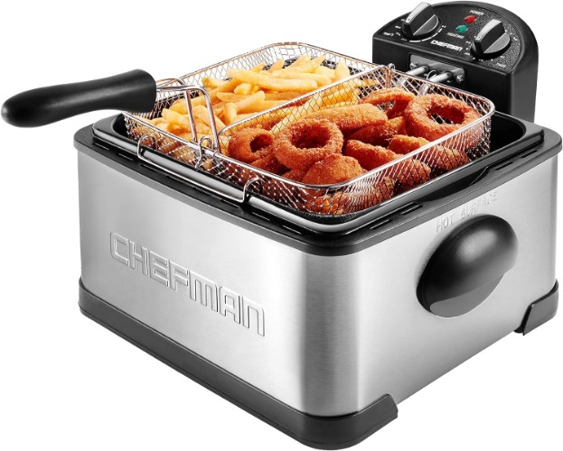 Chefman 4.5L Dual Cook Pro Deep Fryer with Basket Strainer and Removable Divider, Jumbo XL Size, Adjustable Temp & Timer, Perfect for Chicken, Fries, Chips and More, Easy to Clean, Stainless Steel - Stainless Steel - Removable Divider