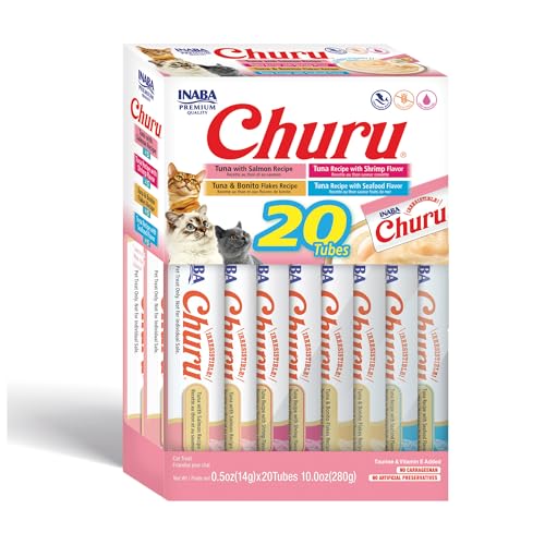INABA Churu Cat Treats, Grain-Free, Lickable, Squeezable Creamy Purée Cat Treat/Topper with Vitamin E & Taurine, 0.5 Ounces Each Tube, 20 Tubes, Seafood Variety Box - Seafood Variety Box - 0.50 Ounce (Pack of 20)