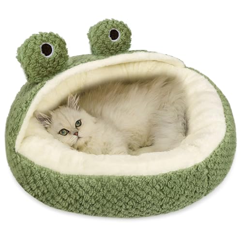 Cat Beds for Indoor Cats, 20'' Covered Hooded Small Dog Bed, Cute Frog Cozy Cave Donut Dog Bed, Washable Soft Plush Pet Cushion Cuddler, Fluffy Calming Self-Warming Bed for Puppy Kitty Kitten Rabbit - Green Frog