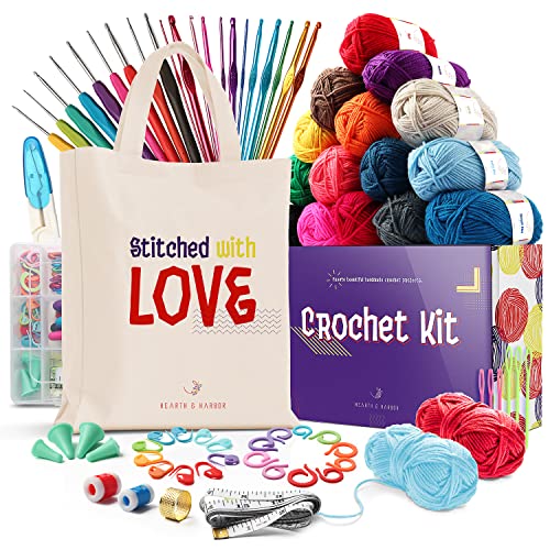 Hearth & Harbor Crochet Kit for Beginners Adults, Kids and Professionals, Learn to Crochet– 73 Piece Crochet Set with Crochet Yarn and Crochet Hook Set, Large - Large