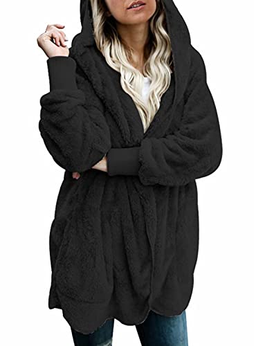 Dokotoo Womens 2023 Winter Long Sleeve Solid Fuzzy Fleece Open Front Hooded Cardigans Jacket Coats Outerwear with Pocket - Large - A Black