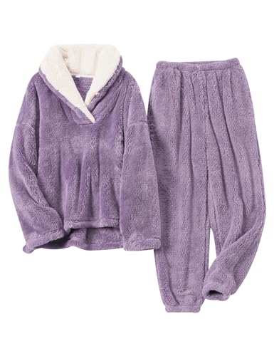 Gihuo Women' s Fluffy Pajamas Set Fleece Pullover Pants Loose Plush Sleepwear(Purple-M)