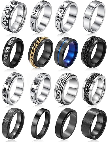 Stainless Steel Fidget Rings for Men, Sliver Fidget Rings for Women, Cool Spinner Ring Set, Black Mens Wedding Band Ring Pack - 10