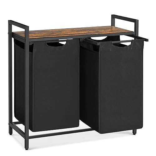 VASAGLE Laundry Hamper, Laundry Basket, Laundry Sorter with 2 Pull-Out and Removable Bags, Shelf, Metal Frame, 2 x 12.1 Gallons (46L), 28.8 x 13 x 28.4 Inches, Rustic Brown and Black UBLH201B01 - 92 L - Black + Rustic Brown