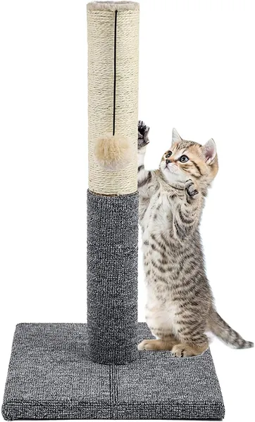 Newgreat Cat Scratching Post, Cat Claw Scratcher with Hanging Ball, Durable Cat Furniture with Sisal Rope, 360° Rotatable Scratch Pole, Covered with Soft Smooth Plush (Scratching Post, Grey&Off-White)