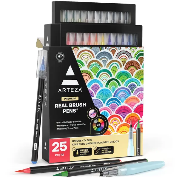 Arteza Real Brush Pens, 24 Colours for Watercolour Painting with Flexible Nylon Brush Tips, Paint Markers for Colouring, Calligraphy and Drawing with Water Brush for Artists and Beginner Painters