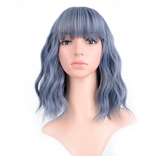 Wavy Wig Short Wigs With Air Bangs Shoulder Length Women's Curly Wavy Synthetic Cosplay Wig for Girl Colorful Costume Wigs(12", Mix Blue) - Mix Blue