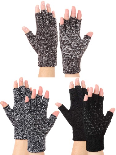 3 Pairs Winter Half Finger Knit Gloves Stretchy Texting Anti-Slip Winter Warm Knitted Fingerless Gloves for Women Men - Black, Black and White, Coffee and White