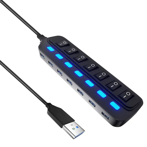 ONFINIO USB Hub 3.0, 7 Port USB Hub Splitter with Individual On/Off LED Switches, 5Gbps HighSpeed Data USB Extension for Laptop, iMac, USB Flash Drives, Mobile HDD, Printer, Camera and More -