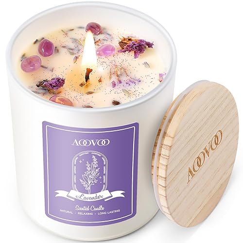 AOOVOO Lavender Scented Candles for Women - Aromatherapy Candle with Crystals Inside, 10oz Soy Candles for Home Scented, Christmas Birthday Gifts Candle for Women Mom - Lavender Scented Candles - 10oz