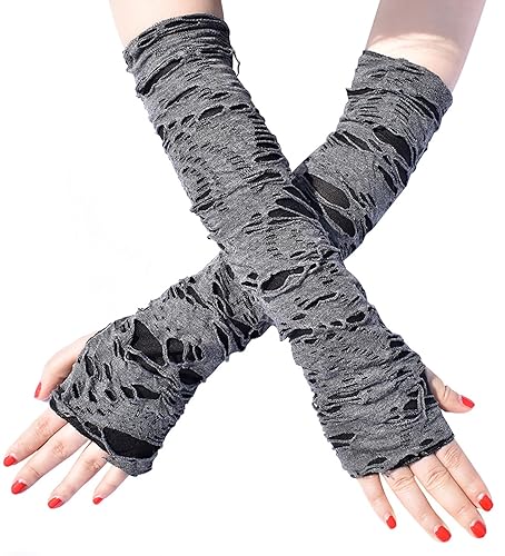 Aucute Unisex Gothic Fingerless Gloves, Punk Torn Arm Warmers Broken Slit Ripped Glove for Halloween Cosplay Accessories - Long Black Gloves