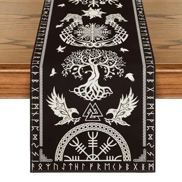 Artoid Mode Black Viking Tree of Life Raven Helmet of Awe Table Runner, Seasonal Kitchen Dining Table Decoration for Home Party Decor 13x48 Inch