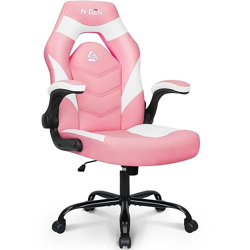 N-GEN Video Gaming Computer Chair Ergonomic Office Chair Desk Chair with Lumbar Support Flip Up Arms Adjustable Height Swivel PU Leather Executive with Wheels for Adults Women Men (Pink) - Pink