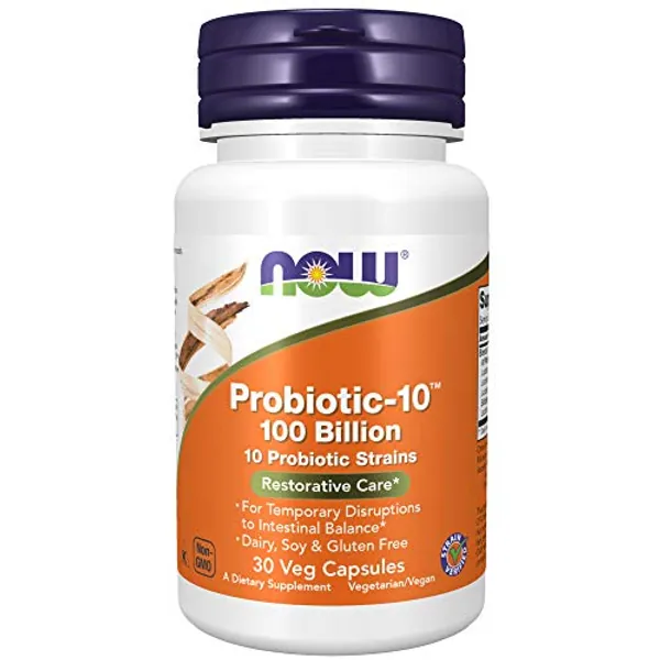 NOW Supplements, Probiotic-10™, 100 Billion, with 10 Probiotic Strains,Dairy, Soy and Gluten Free, Strain Verified, 30 Veg Capsules - 30 Count (Pack of 1)