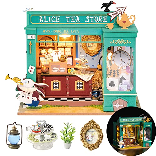 Rolife DIY Miniature House Kits, Tiny Model House for Adults to Build, Mayberry Street Miniature Model Kits with Lights, DIY Crafts/Birthday Gifts/Home Decor for Family and Friends (Alice's Tea Store) - DG - Alice Tea Store
