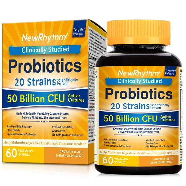 NewRhythm Probiotics 50 Billion CFU 20 Strains, 60 Veggie Capsules, Targeted Release Technology, Stomach Acid Resistant, No Need for Refrigeration, Non-GMO, Gluten Free - Daily Probiotics 50 Billion